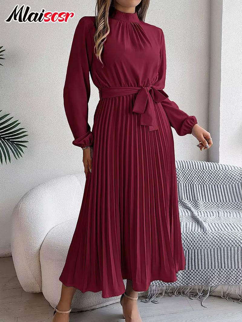 Elegant Blue Pleated A-Line Dress Lace up O-Neck Long Sleeved Women'S Autumn Vacation Birthday Party Evening Prom Robe