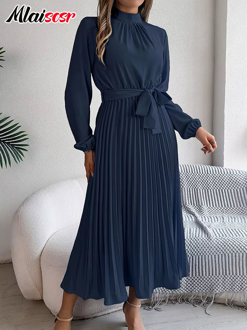 Elegant Blue Pleated A-Line Dress Lace up O-Neck Long Sleeved Women'S Autumn Vacation Birthday Party Evening Prom Robe