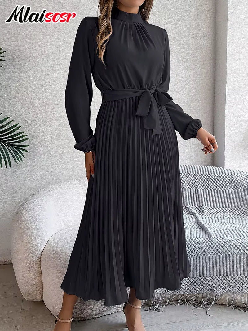 Elegant Blue Pleated A-Line Dress Lace up O-Neck Long Sleeved Women'S Autumn Vacation Birthday Party Evening Prom Robe