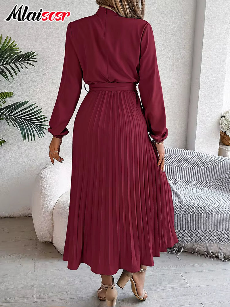 Elegant Blue Pleated A-Line Dress Lace up O-Neck Long Sleeved Women'S Autumn Vacation Birthday Party Evening Prom Robe