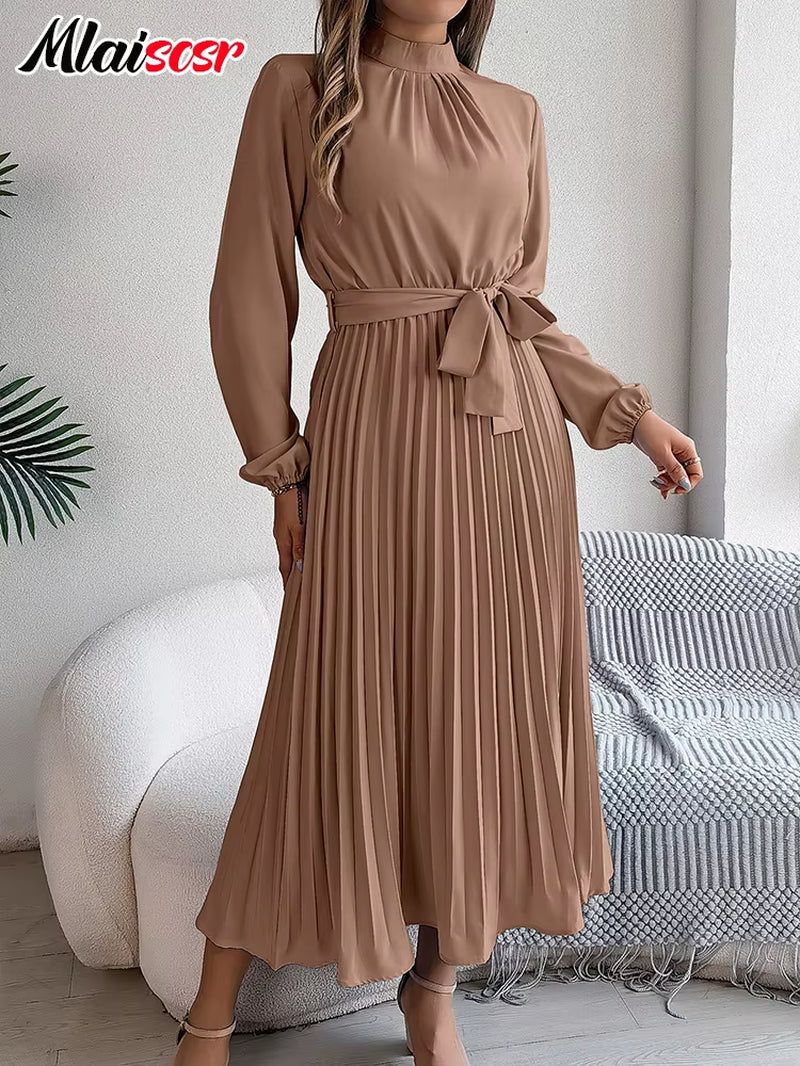Elegant Blue Pleated A-Line Dress Lace up O-Neck Long Sleeved Women'S Autumn Vacation Birthday Party Evening Prom Robe