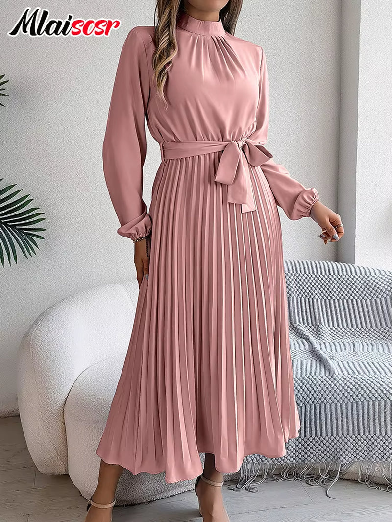 Elegant Blue Pleated A-Line Dress Lace up O-Neck Long Sleeved Women'S Autumn Vacation Birthday Party Evening Prom Robe