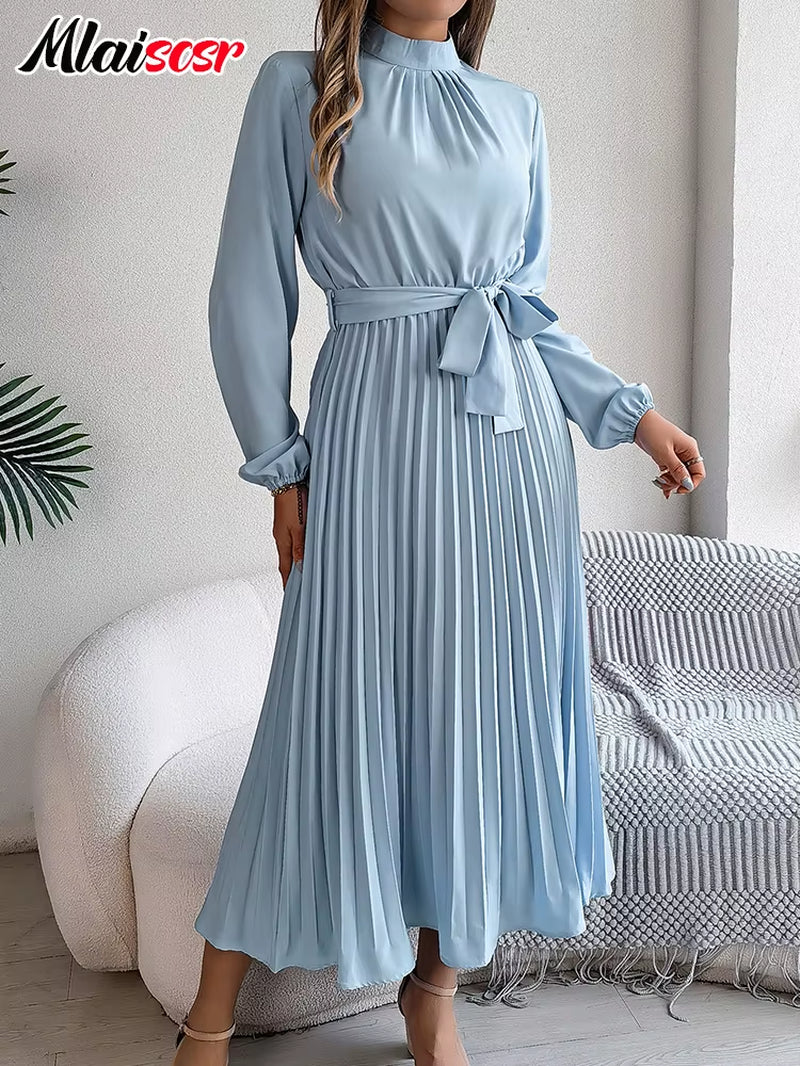 Elegant Blue Pleated A-Line Dress Lace up O-Neck Long Sleeved Women'S Autumn Vacation Birthday Party Evening Prom Robe