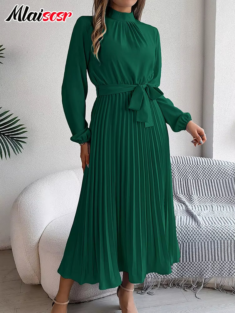 Elegant Blue Pleated A-Line Dress Lace up O-Neck Long Sleeved Women'S Autumn Vacation Birthday Party Evening Prom Robe