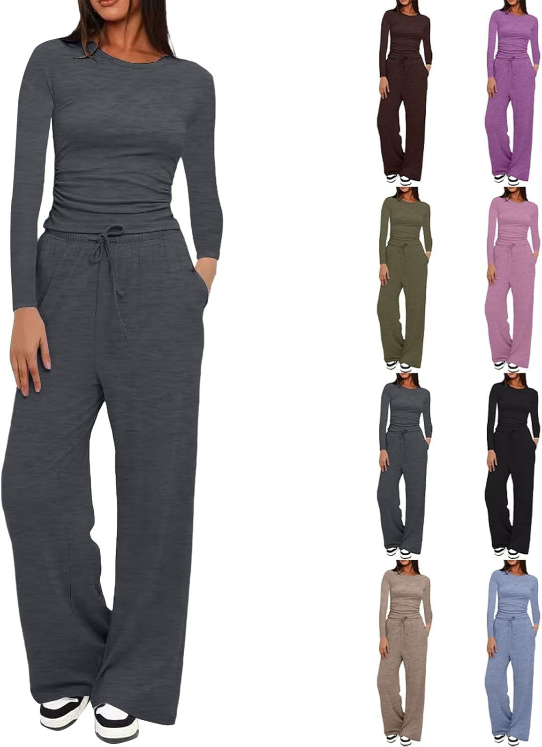 Two Piece Sets for Women Tracksuit Full Set Long Sleeve Tops Drawstring Elasticized Waist Wide Leg Trousers Casual Lounge Wear Co Ord Sets Matching Activewear Gym Sets
