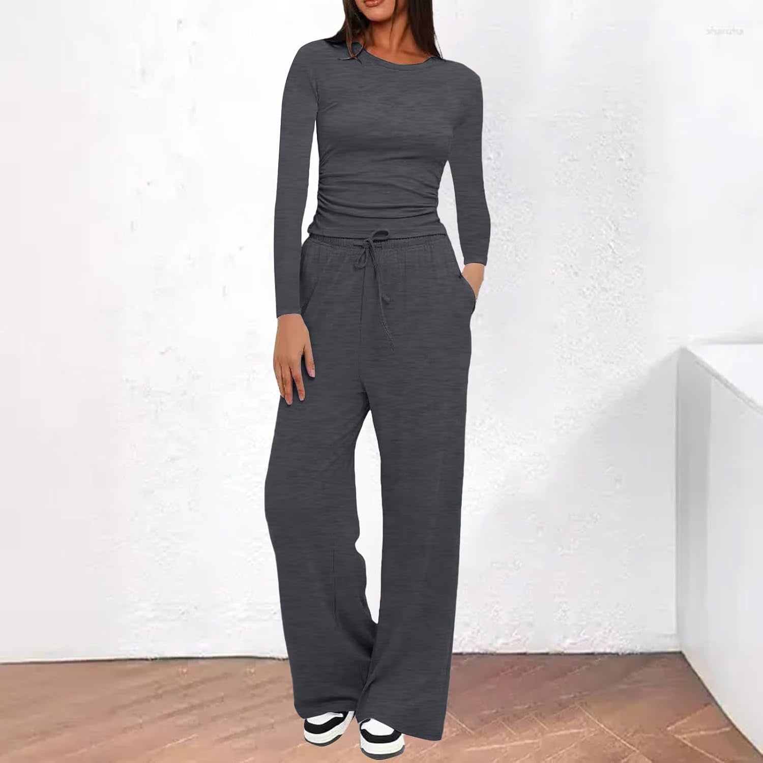 Two Piece Sets for Women Tracksuit Full Set Long Sleeve Tops Drawstring Elasticized Waist Wide Leg Trousers Casual Lounge Wear Co Ord Sets Matching Activewear Gym Sets
